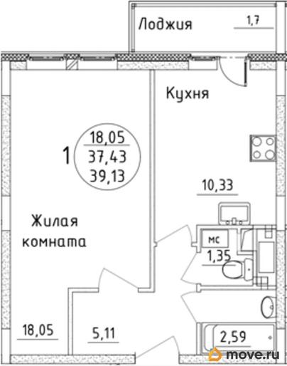 1-комн. квартира, 39.13 м&sup2;