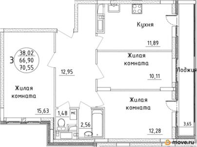 3-комн. квартира, 70.55 м&sup2;