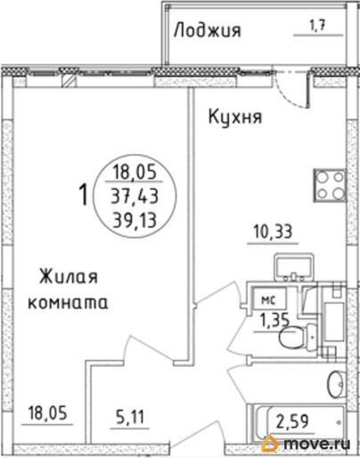 1-комн. квартира, 39.13 м&sup2;