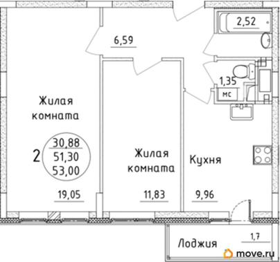 2-комн. квартира, 53 м&sup2;