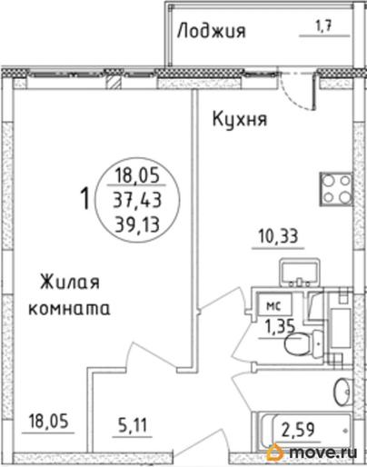 1-комн. квартира, 39.13 м&sup2;