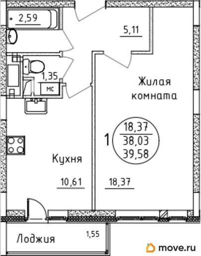 1-комн. квартира, 39.58 м&sup2;