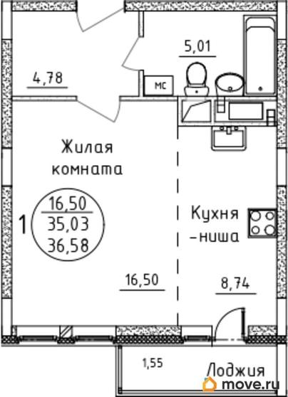 студия, 36.58 м&sup2;