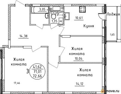 3-комн. квартира, 72.66 м&sup2;