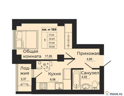 1-комн. квартира, 37.38 м&sup2;