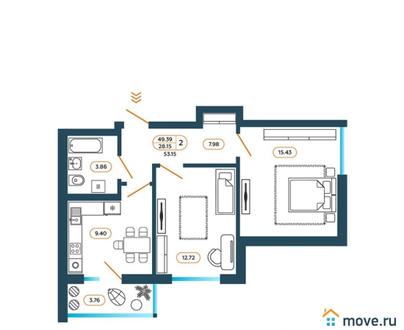 2-комн. квартира, 54.2 м&sup2;