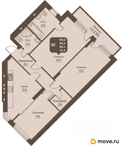 3-комн. квартира, 88.5 м&sup2;