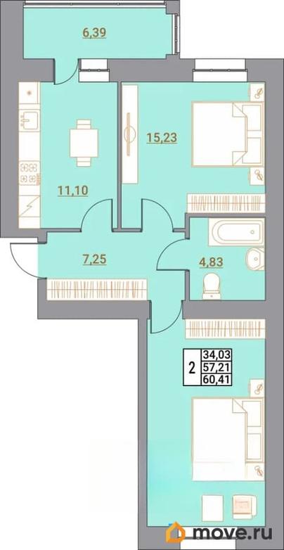 2-комн. квартира, 59.58 м&sup2;