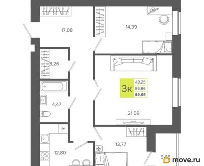 3-комн. квартира, 89.69 м&sup2;