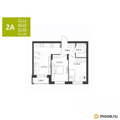 2-комн. квартира, 49.89 м&sup2;