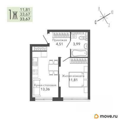 1-комн. квартира, 33.7 м&sup2;