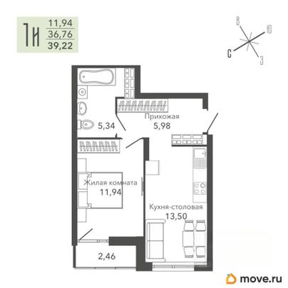 1-комн. квартира, 38.4 м&sup2;