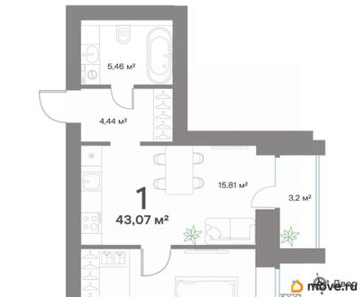 1-комн. квартира, 43.07 м&sup2;