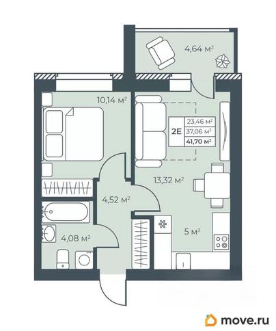 2-комн. квартира, 41.7 м&sup2;