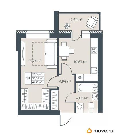 1-комн. квартира, 41.53 м&sup2;