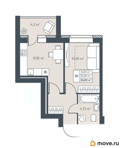 1-комн. квартира, 36.89 м&sup2;