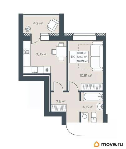 1-комн. квартира, 36.89 м&sup2;