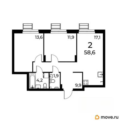2-комн. квартира, 58.6 м&sup2;