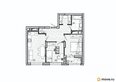 2-комн. квартира, 54.3 м&sup2;