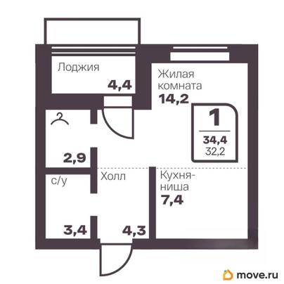 1-комн. квартира, 32.2 м&sup2;