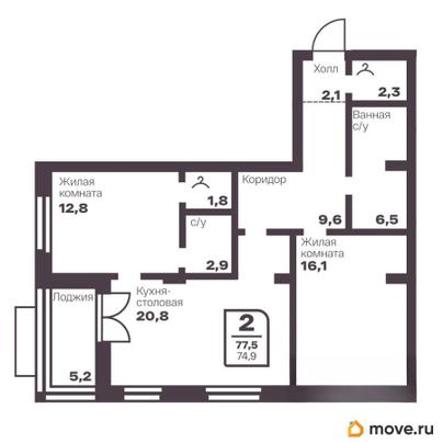 2-комн. квартира, 74.9 м&sup2;