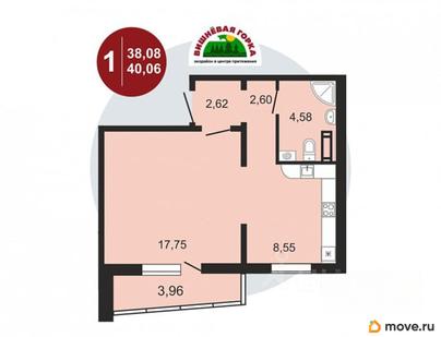 1-комн. квартира, 39.5 м&sup2;