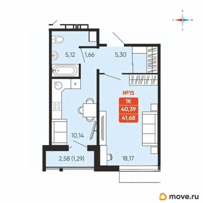 1-комн. квартира, 41.68 м&sup2;
