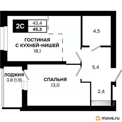2-комн. квартира, 45.3 м&sup2;