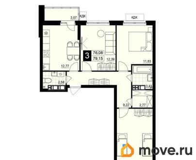3-комн. квартира, 77.65 м&sup2;