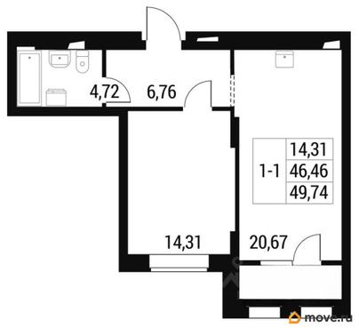 1-комн. квартира, 49.74 м&sup2;