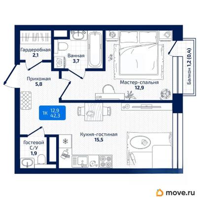 1-комн. квартира, 42.3 м&sup2;
