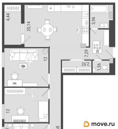3-комн. квартира, 83.94 м&sup2;