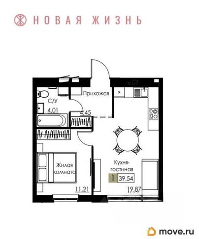 1-комн. квартира, 39.5 м&sup2;