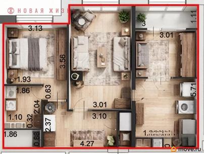 2-комн. квартира, 58.4 м&sup2;