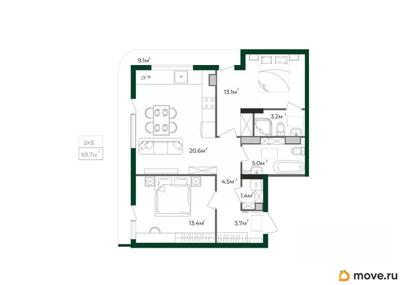 2-комн. квартира, 69.7 м&sup2;