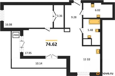 2-комн. квартира, 74.62 м&sup2;