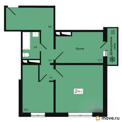 2-комн. квартира, 59.4 м&sup2;