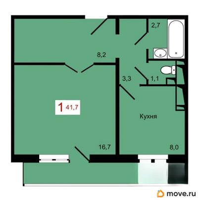 1-комн. квартира, 41.7 м&sup2;