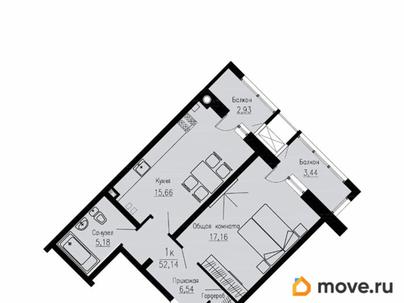 1-комн. квартира, 52.14 м&sup2;
