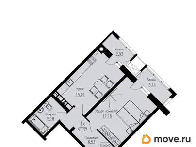 1-комн. квартира, 51.37 м&sup2;