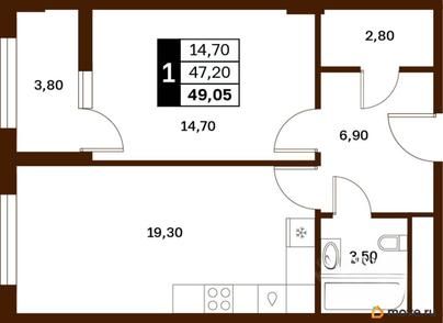 1-комн. квартира, 49.1 м&sup2;