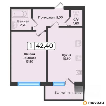 1-комн. квартира, 42.4 м&sup2;