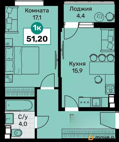 1-комн. квартира, 51.2 м&sup2;