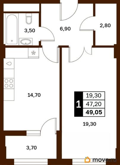 1-комн. квартира, 49.05 м&sup2;