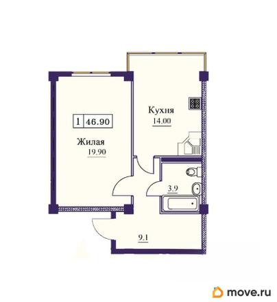 1-комн. квартира, 46.9 м&sup2;