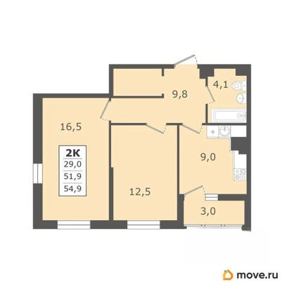 2-комн. квартира, 54.9 м&sup2;