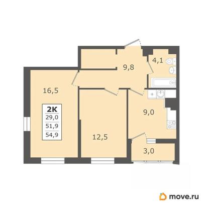 2-комн. квартира, 54.9 м&sup2;