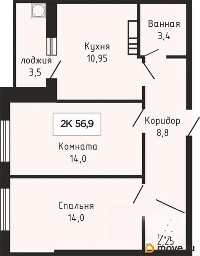 2-комн. квартира, 56.9 м&sup2;