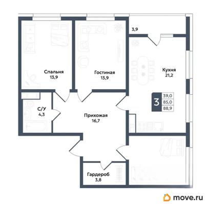 3-комн. квартира, 88.9 м&sup2;