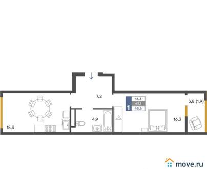 1-комн. квартира, 45.6 м&sup2;